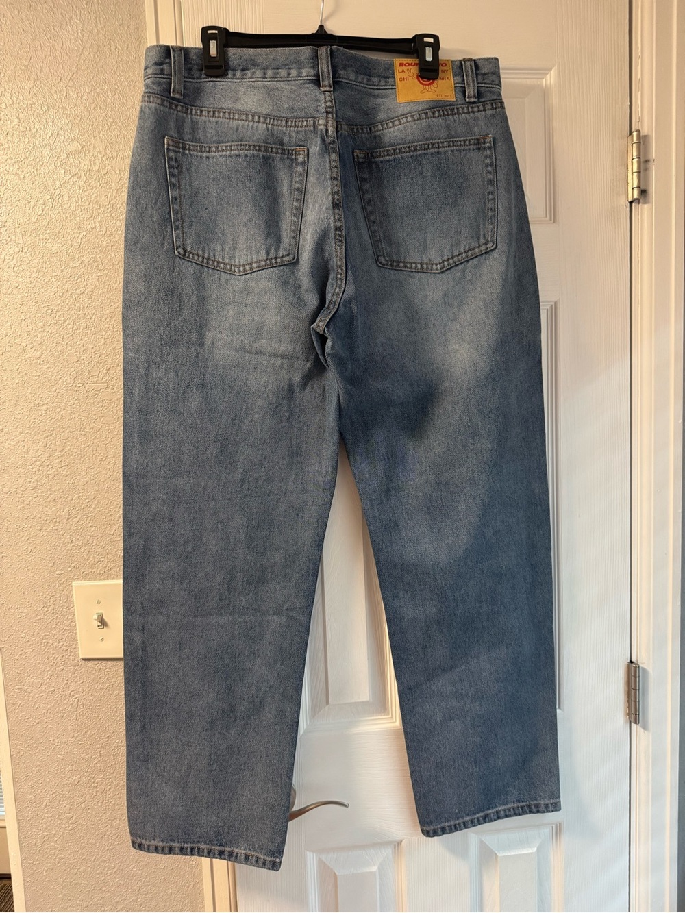 Patchwork Wide Leg Jeans in Blue with Mixed Fabric Panels - Picture 6 of 8